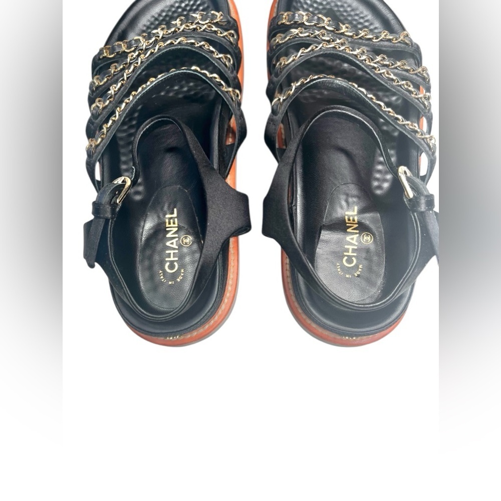 Chanel Satin Lambskin Chain Flat Sandals Black Leather Size 36 - Picture 4 of 7